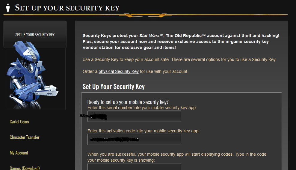 SWTOR Security Key Setup